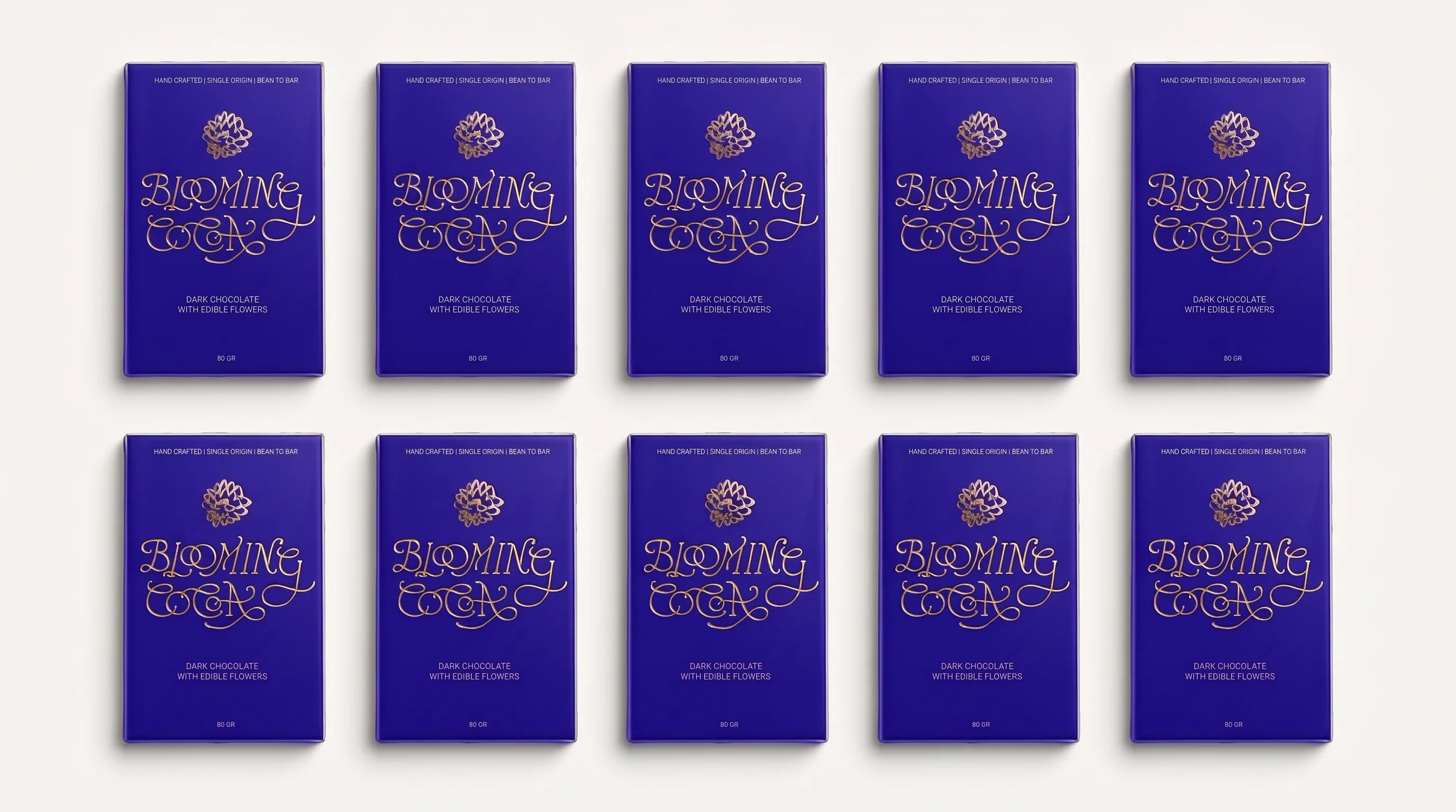 Diseño final de las tabletas de chocolate Blooming Cocoa con sus envoltorios botánicos